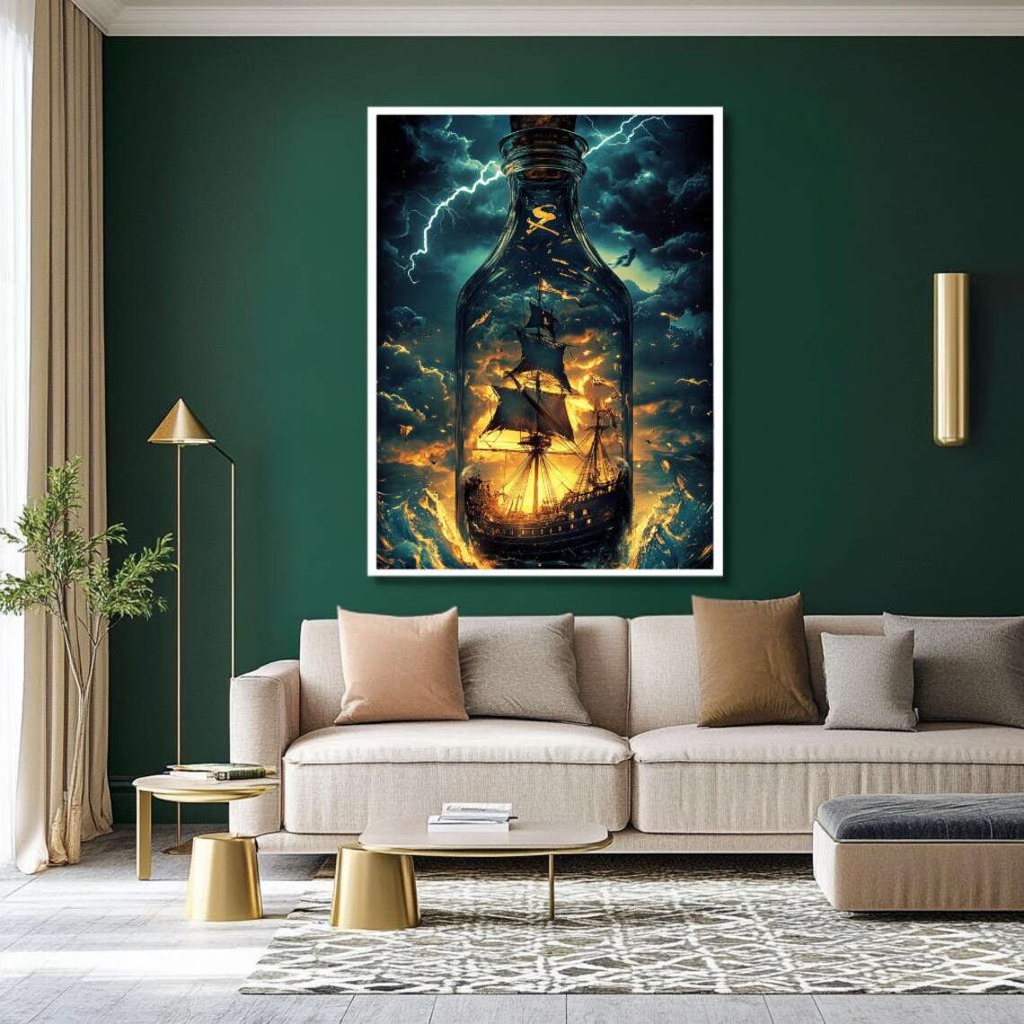 Tall Sailing Ship Trapped Inside A Glass Bottle In Stormy Sea Poster - Image 2