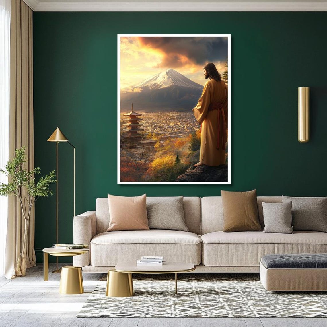 Mount Fuji Sunset Wall Art Japanese Pagoda Religious Print Spiritual Mountain Landscape Wall Decor - Image 2