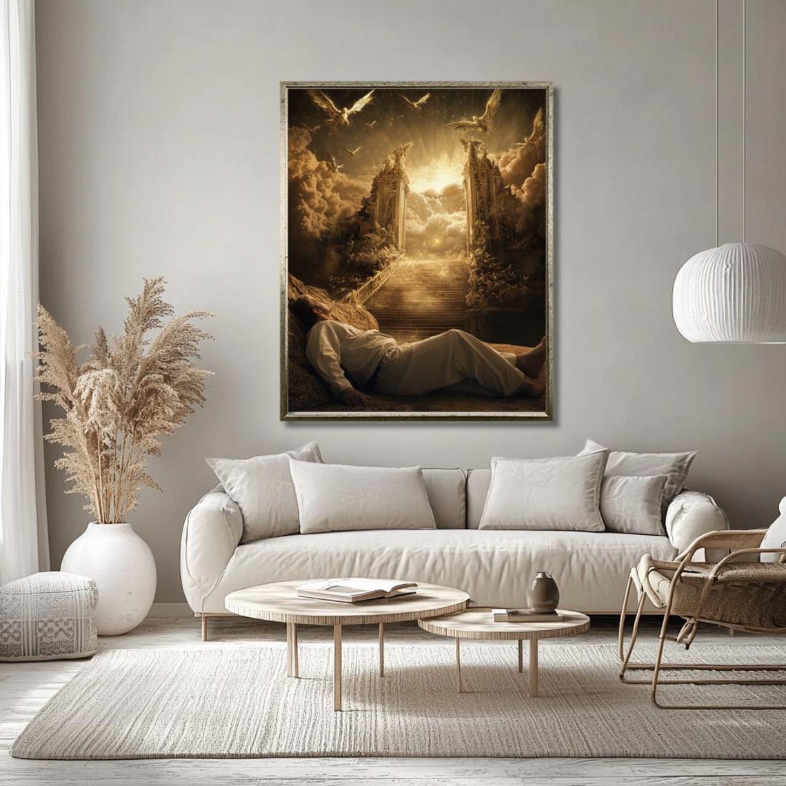 Man Gazing Up at Golden Stairway to Heaven Through the Clouds Poster - Image 2