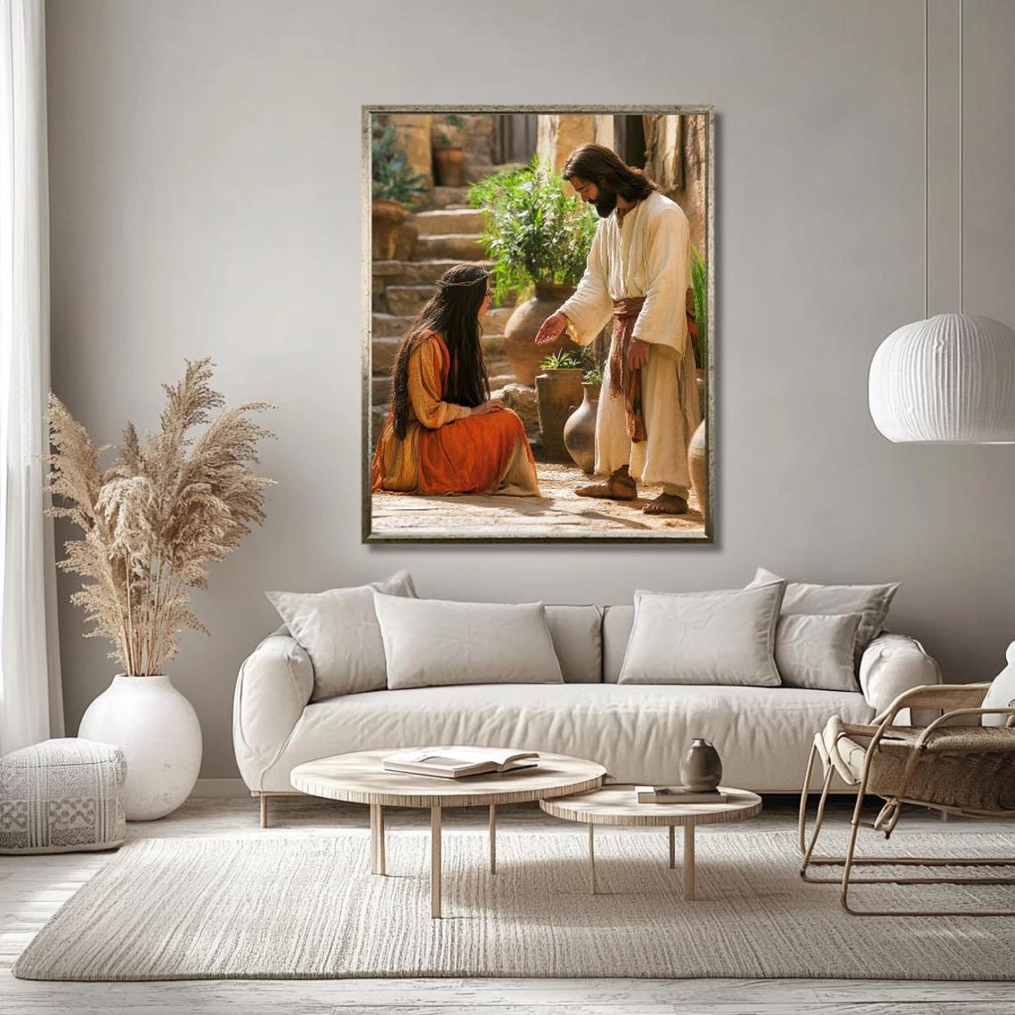 Jesus Extending His Hand to Kneeling Woman in Ancient Courtyard Poster - Image 3