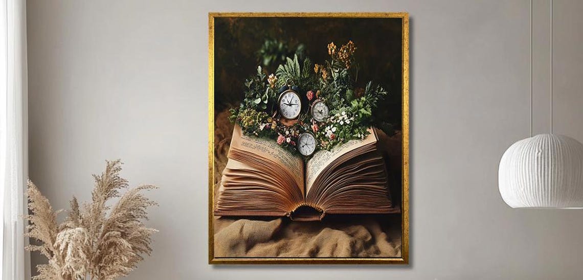 Open Book With Clocks And Wildflowers Surreal Literary Poster