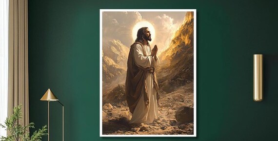 Jesus Praying at Sunrise on a Rocky Mountain With Halo Light Poster