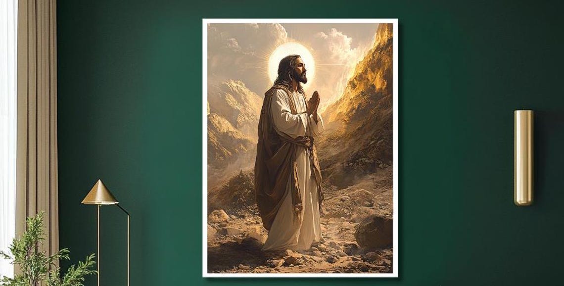 Jesus Praying at Sunrise on a Rocky Mountain With Halo Light Poster