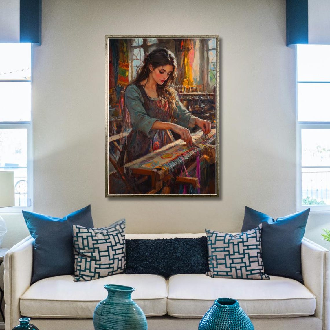 Artisan Woman Weaving at Loom in Sunlit Workshop Painterly Art Poster - Image 2