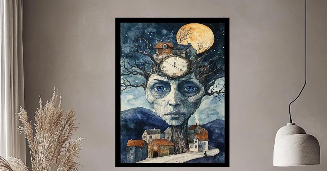 Whimsical Tree Spirit Face With Clock And Moonlit Village Poster