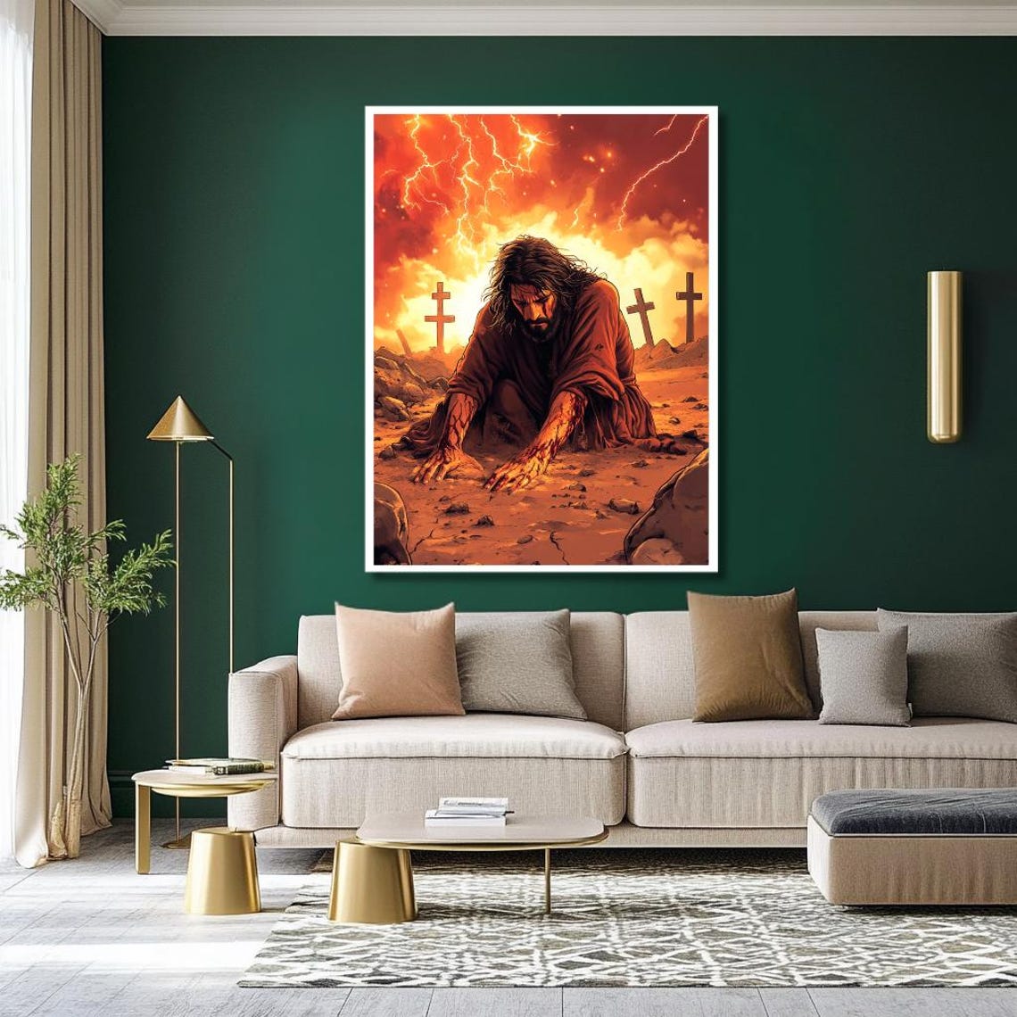 Jesus Kneeling in Suffering Beneath a Fiery Sky of Crosses Poster - Image 3
