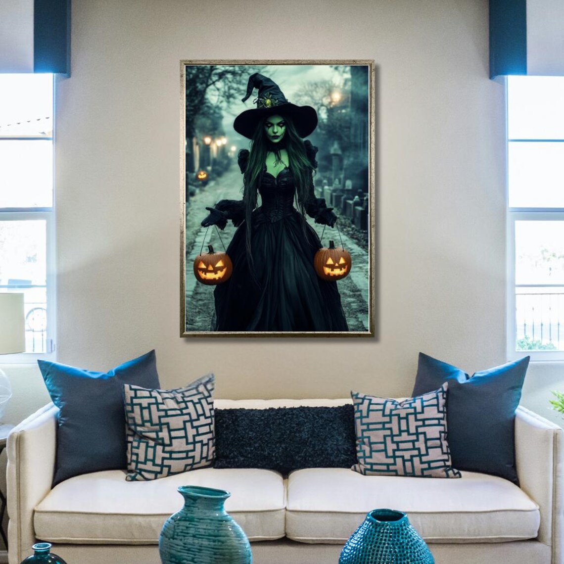 Halloween Witch Poster: Gothic Witch With Jack-O-Lanterns in a Cemetery - Image 2
