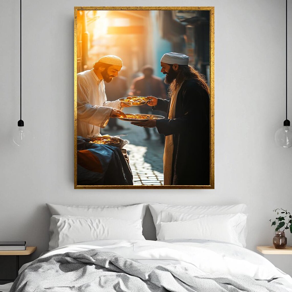 Two Middle Eastern Men Sharing Food On An Old Street At Sunset Poster - Image 2