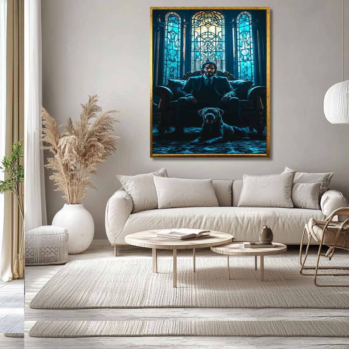 Dark Gothic Portrait Man on Throne with Loyal Black Dog Print - Image 3