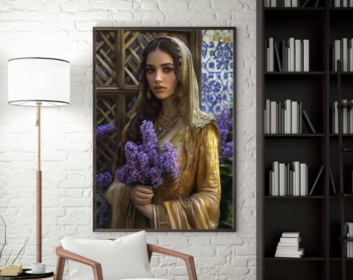 Golden Dress Princess with Lilac Bouquet and Blue Tile Art Poster