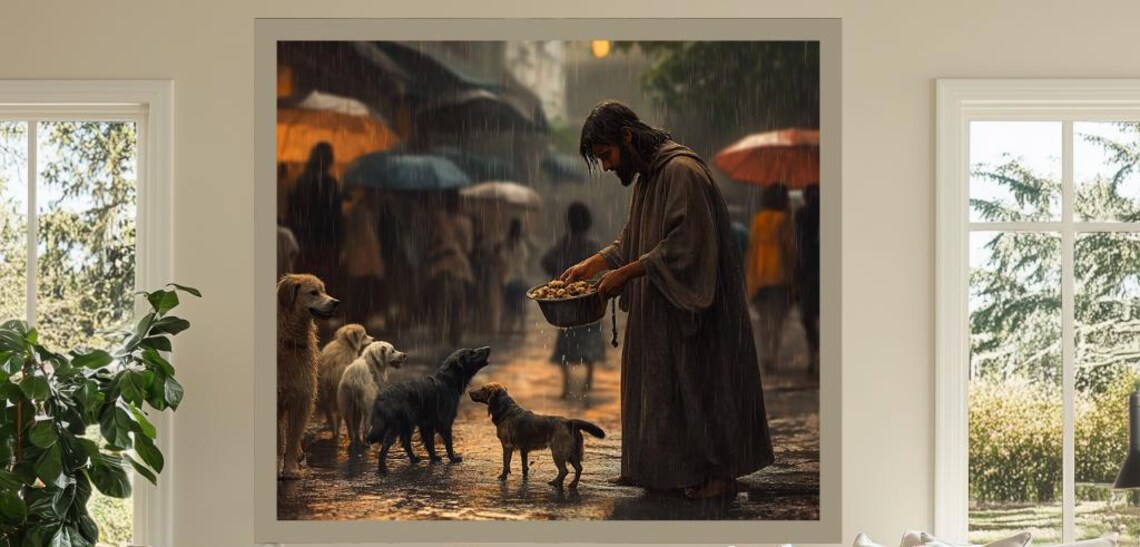 Jesus Feeding Stray Dogs in the Rain Kindness Religious Poster