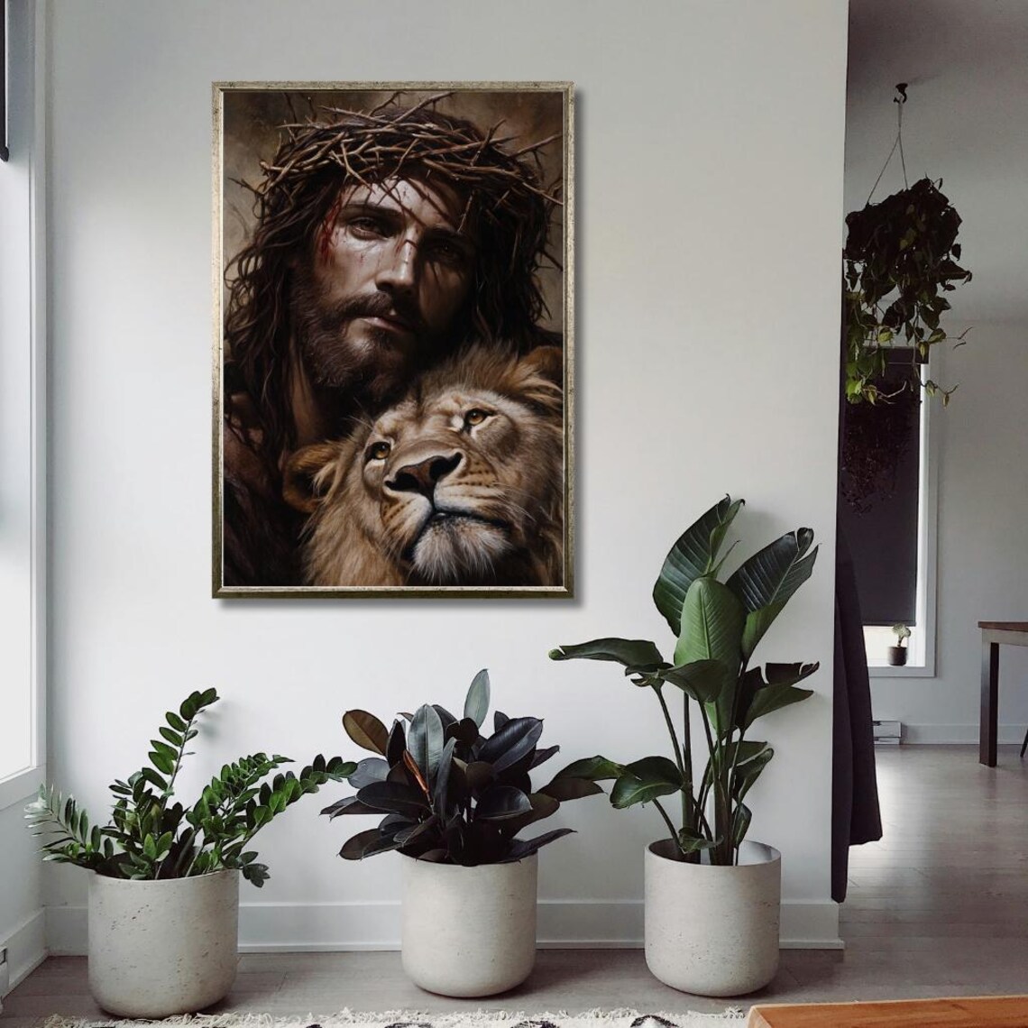 Crowned Jesus with Lion Dramatic Portrait Christian Faith Art Poster - Image 2