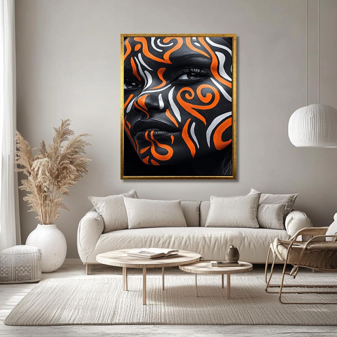 Bold Tribal Face Paint Art In Orange And Black Portrait Poster - Image 3