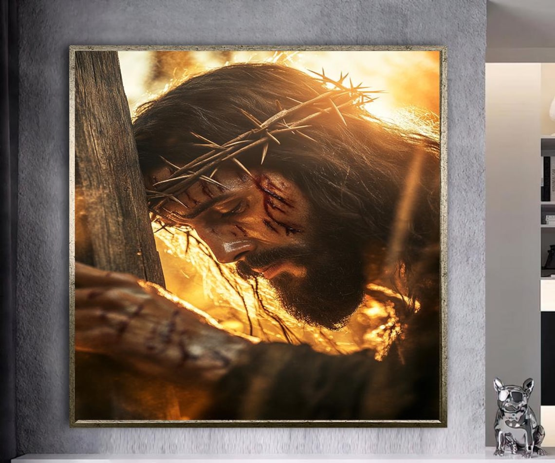 Jesus Christ Crown Of Thorns Leaning On Cross In Golden Poster