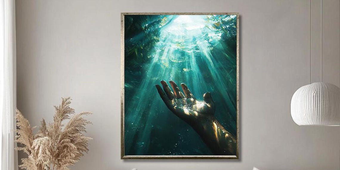 Underwater Hand Reaching Up Toward Sunlight Rays Ocean Art Poster