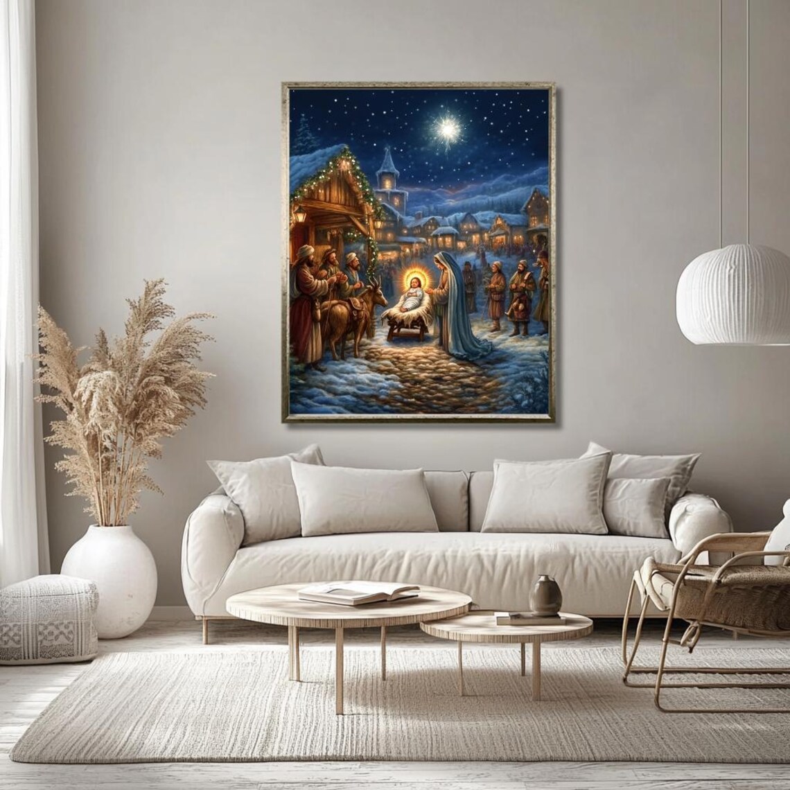 Snowy Village Nativity Night With Star Of Bethlehem Scene Poster - Image 3