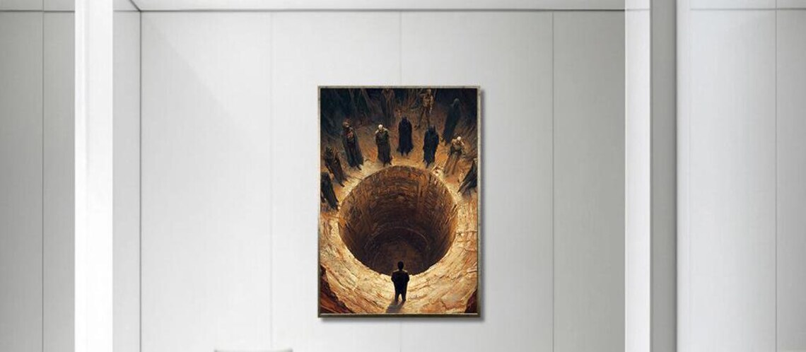 Circle of Figures Around a Giant Abyss Surreal Mystery Poster