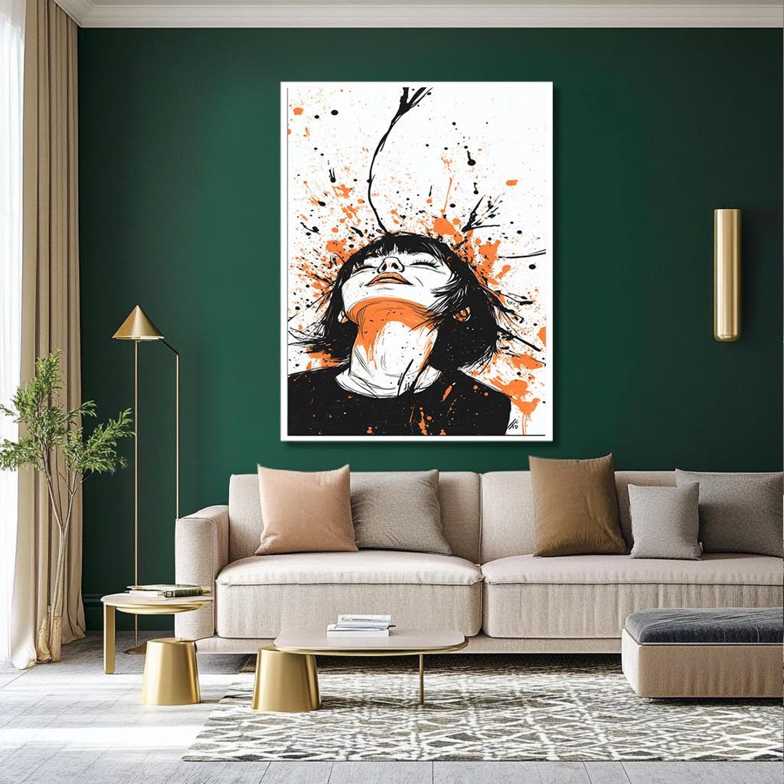 Splash Paint Woman Portrait With Bold Orange Abstract Art Poster - Image 2