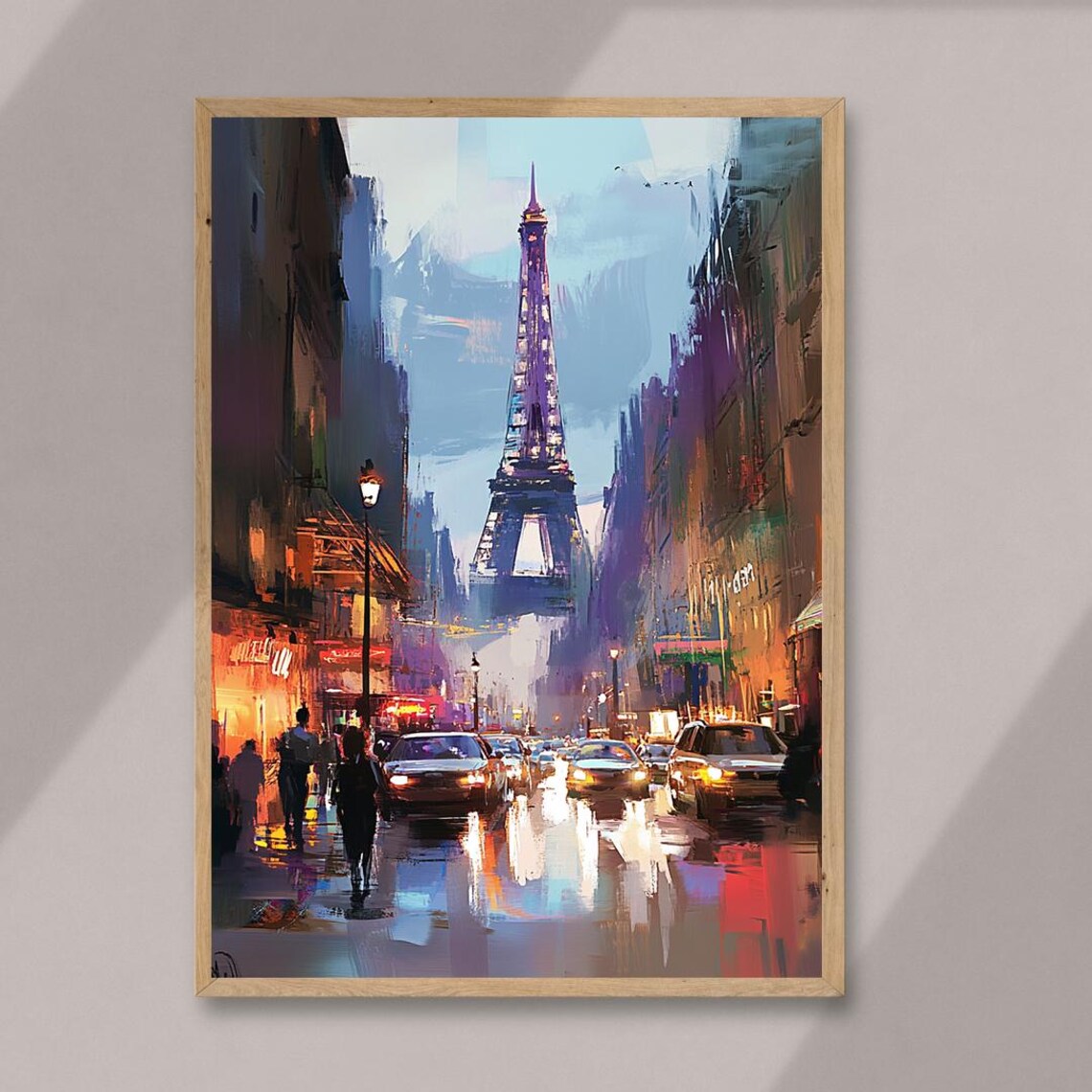 Rainy Paris Street Eiffel Tower Night Lights Oil Paint Poster - Image 3