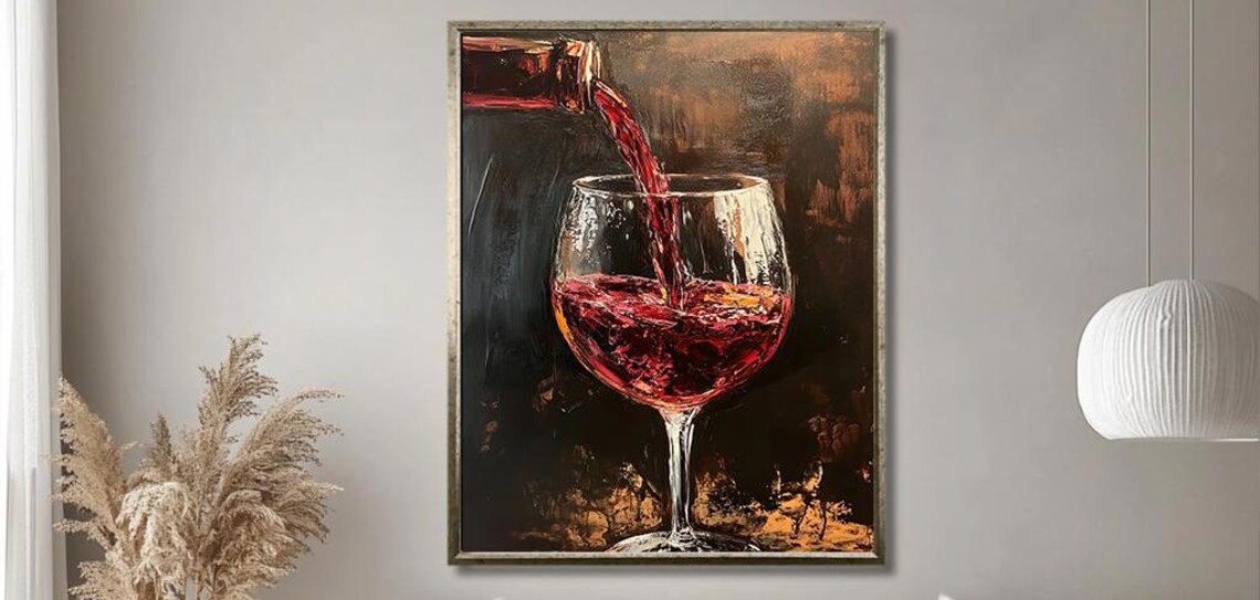 Red Wine Pouring From Bottle Into Glass Dark Oil Painting Poster