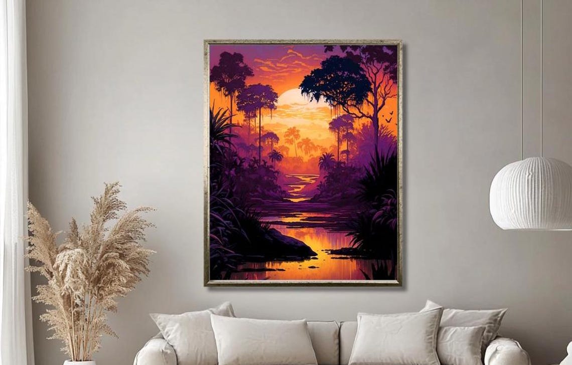 Vibrant Jungle Sunset Over River Exotic Nature Scene Wall Art