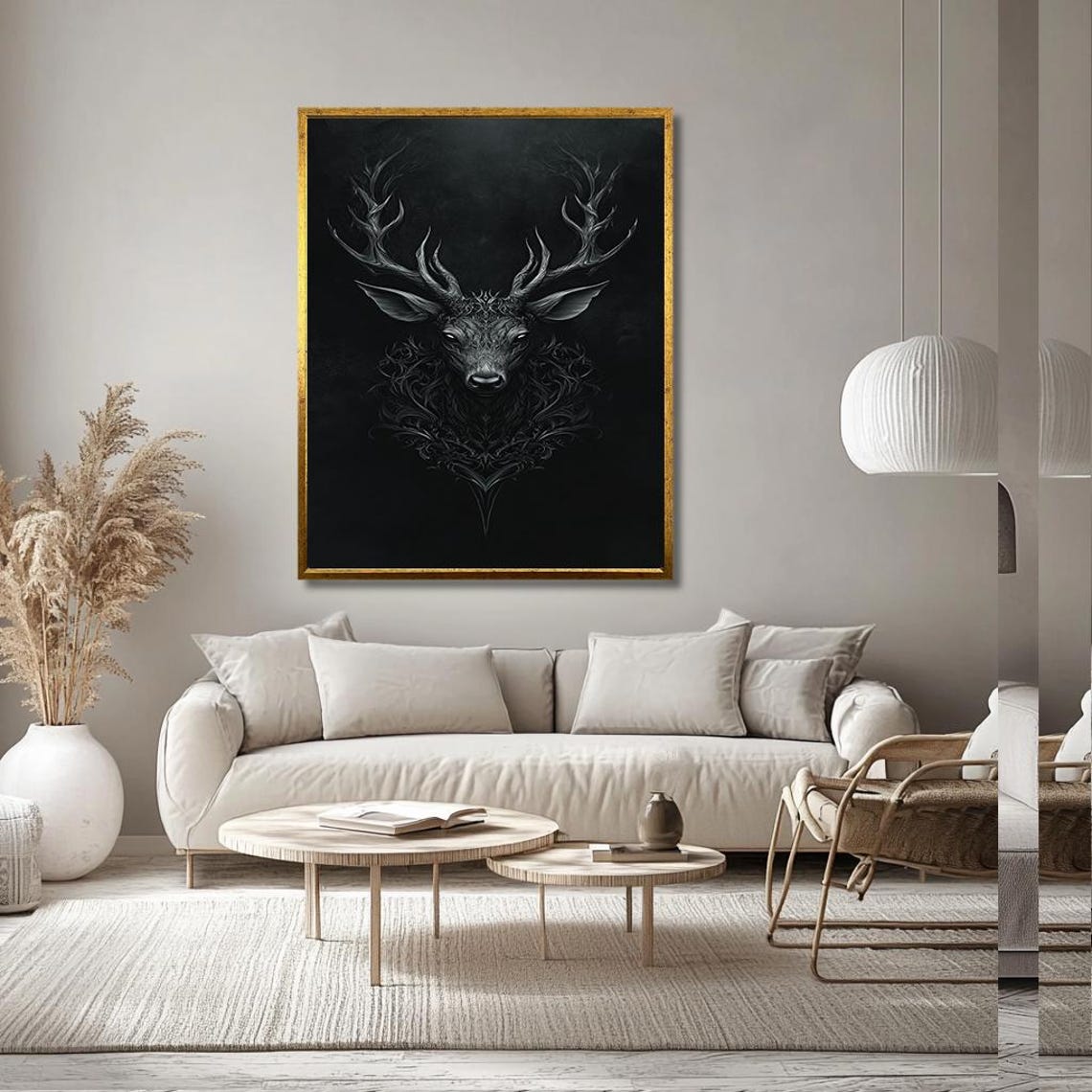 Black And Grey Stag Head With Ornate Flowing Antler Line Art Poster - Image 2