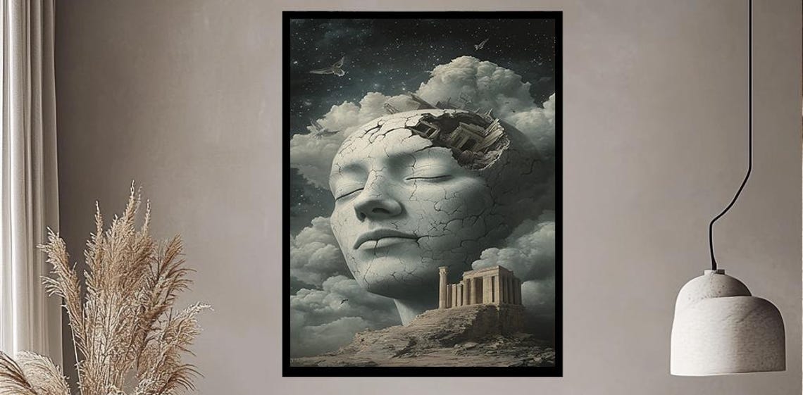 Surreal Cracked Stone Face With Ancient Temple Dreamscape Poster