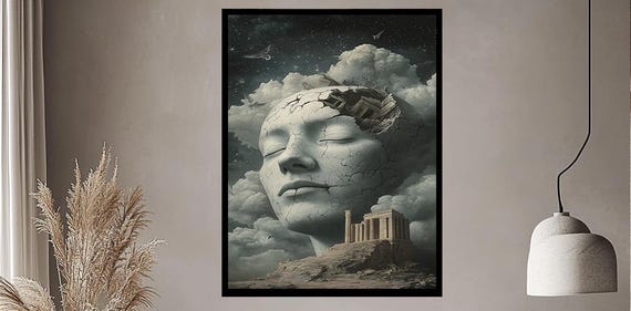 Surreal Ancient Dreamscape Art Mystical Female Face With Temple And Clouds Symbolic Wall Decor For Modern And Classical Interiors
