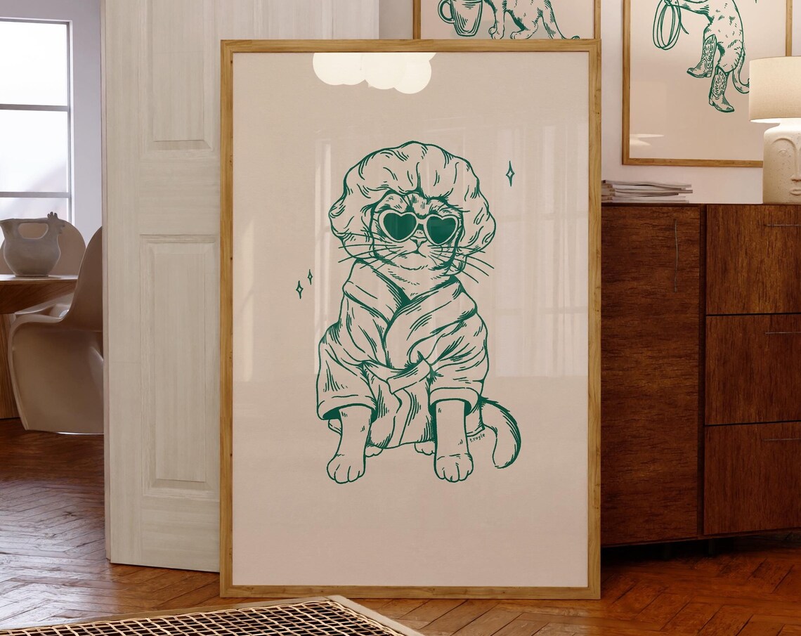 Cool Cat After Bath Green Retro Bathroom Art Print