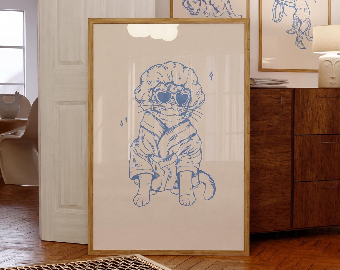 Cool Cat After Bath Blue Print Wall Art Print