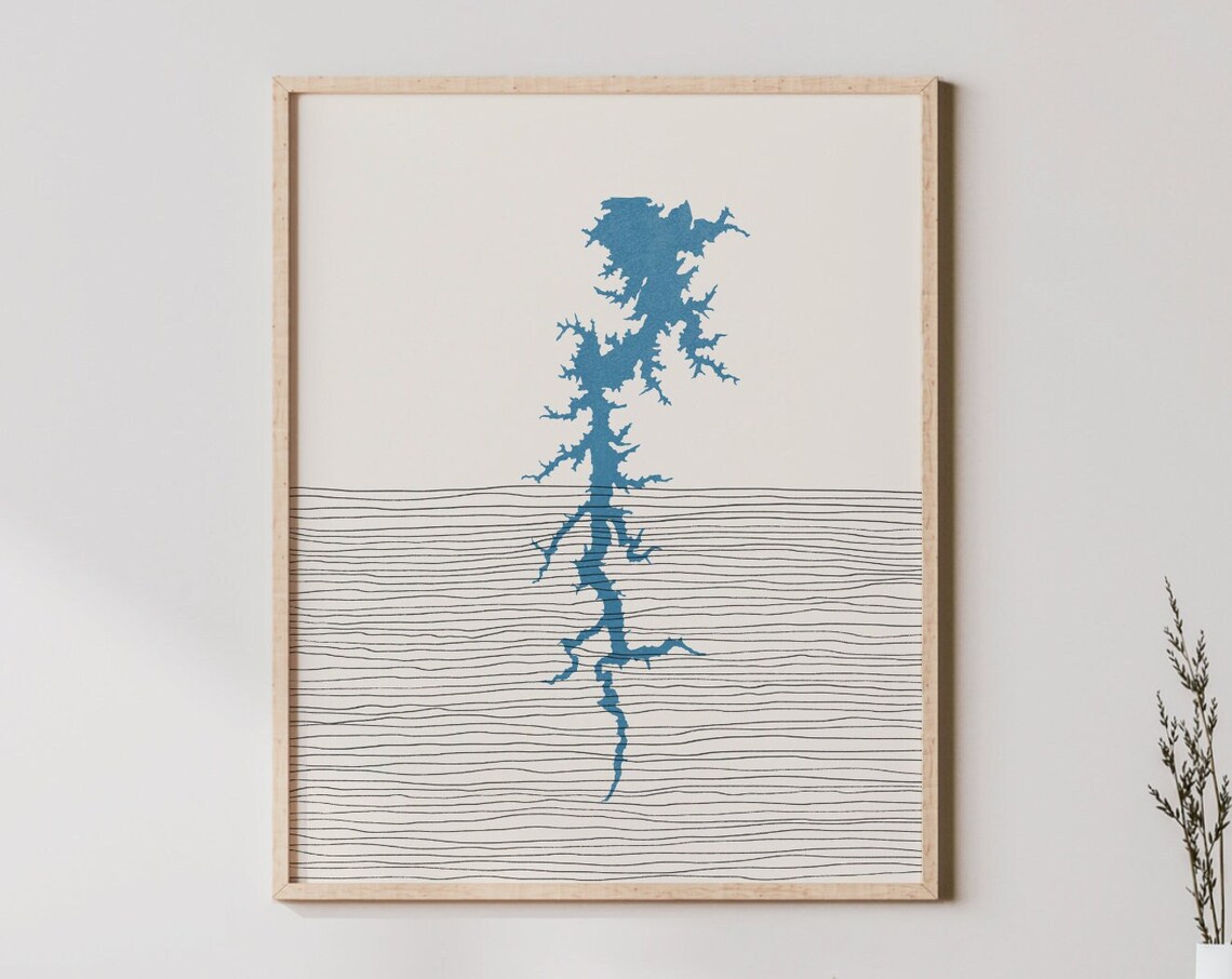 Lakehouse Mayo Lake North Carolina Boho Map Minimalist Blue Poster