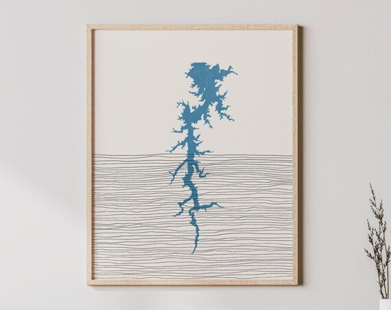 Lakehouse Mayo Lake North Carolina Boho Map Minimalist Blue Poster