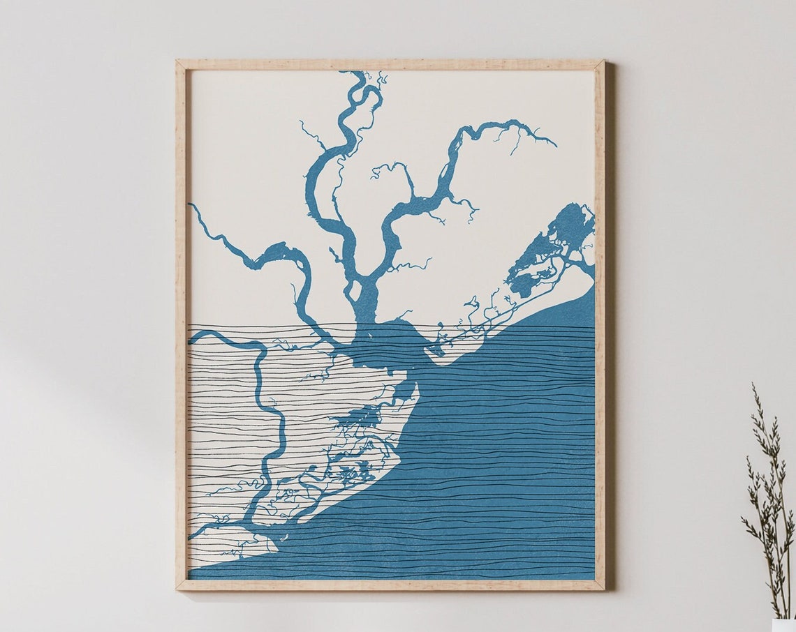 Charleston Waterways Boho Blue Map Abstract Coastal Art Print