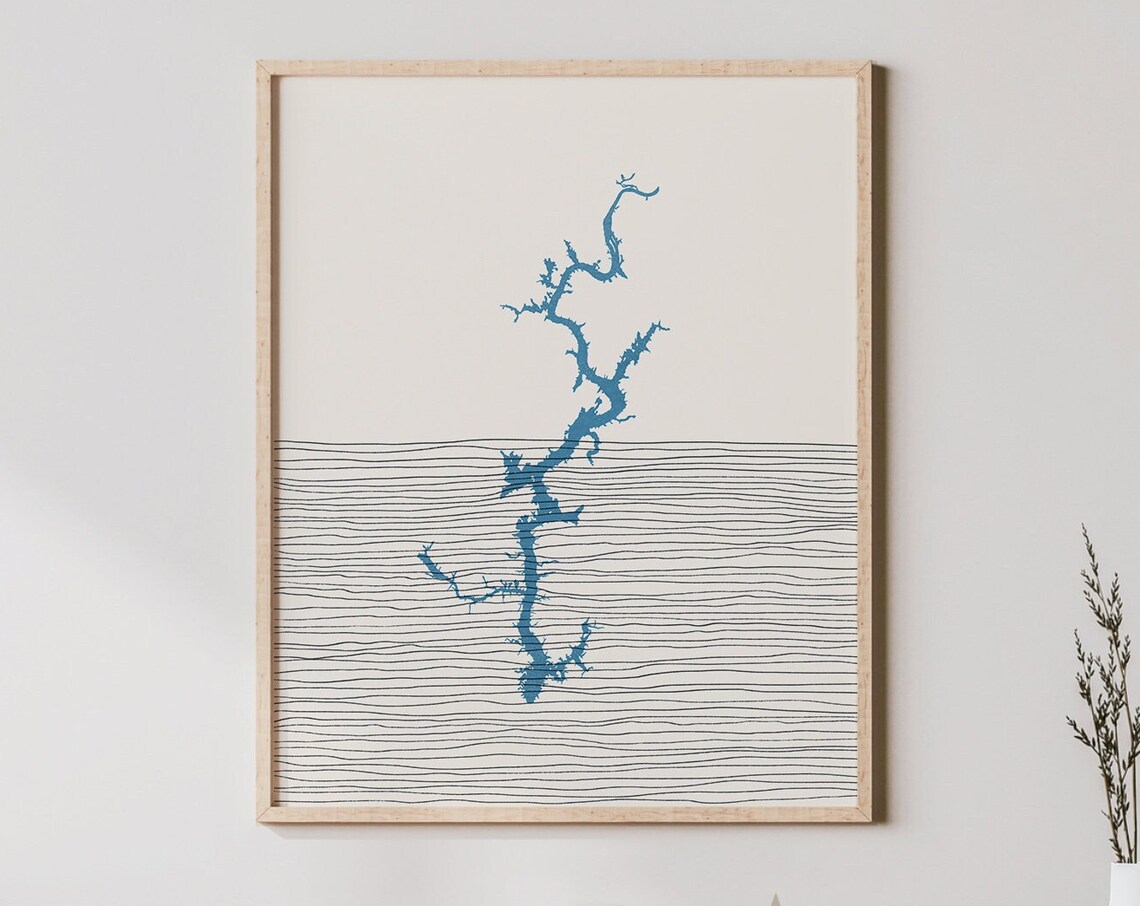 Lay Lake Alabama Blue Boho Lakehouse Map Silhouette Decor Wall Art