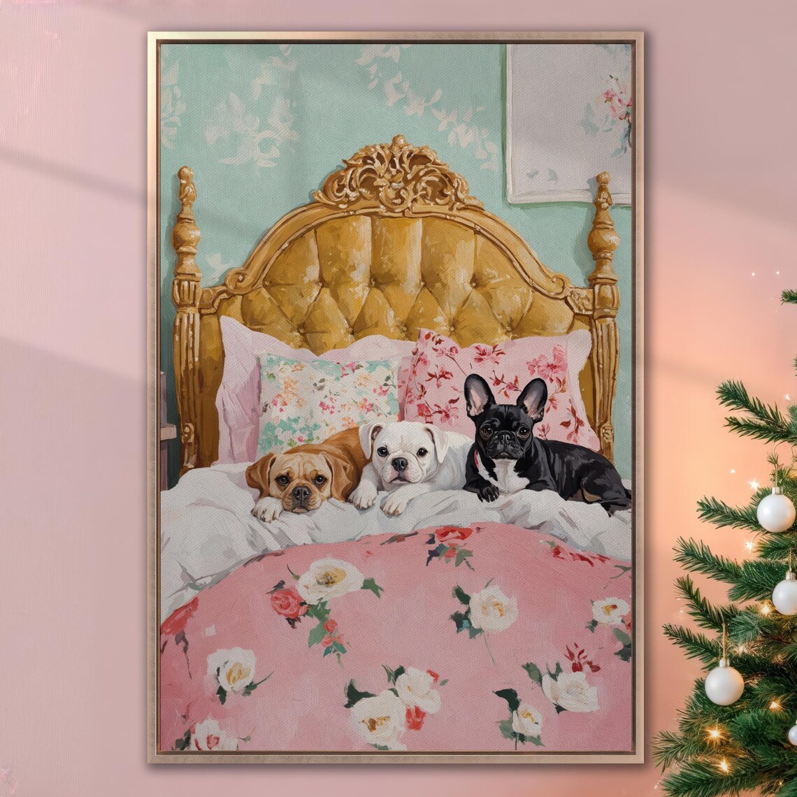 Three Cute Dogs On Pink Floral Bed Cozy Puppies Bedroom Wall Poster