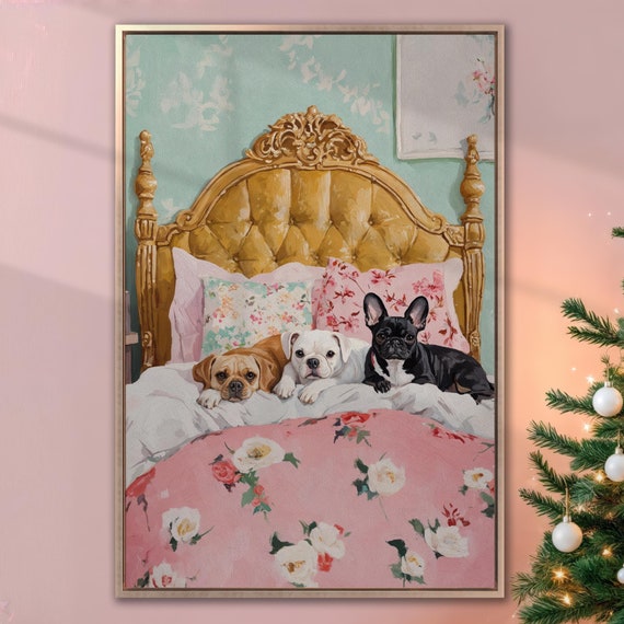 Cute Dogs On Pink Bed Framed Print Pretty Animal Wall Art Charming Pet Painting Print Cozy Christmas Decor Gift Ready To Hang