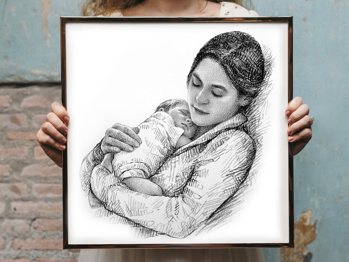 New Mother Cradling Baby Custom Pencil Portrait Sketch Art Print