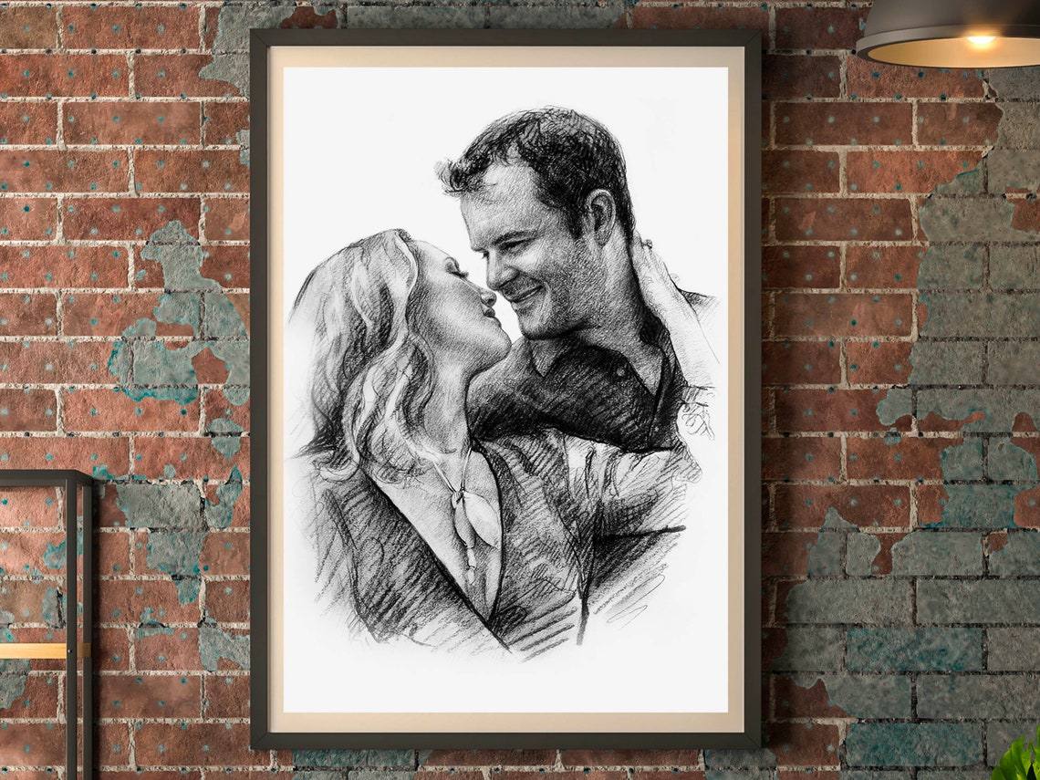 Smiling Couple Nose to Nose Custom Romantic Charcoal Sketch Poster