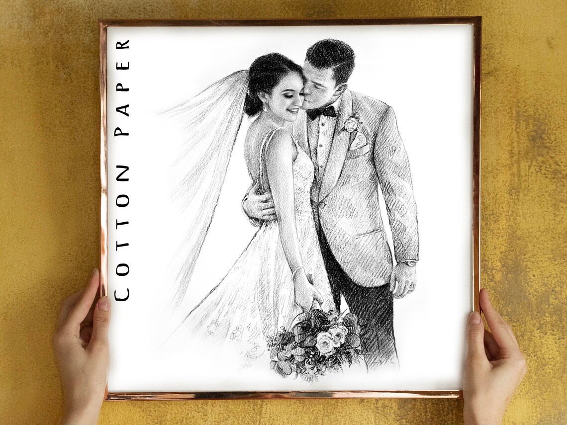 Bride and Groom Wedding Kiss Custom Charcoal Sketch Portrait Poster