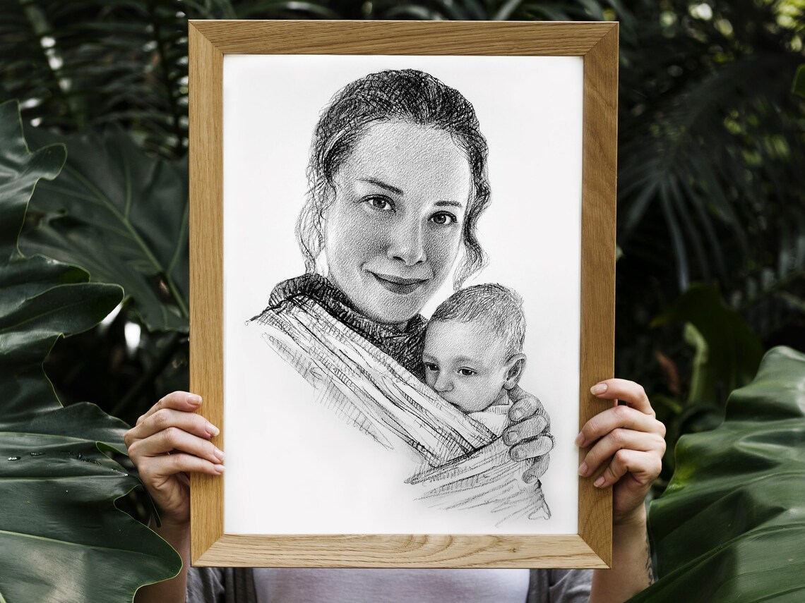 Two Sisters with Baby Custom Family Charcoal Sketch Portrait Poster - Image 2