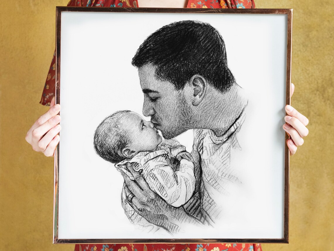 Dad Kissing Baby Forehead Charcoal Sketch Father Child Portrait Poster
