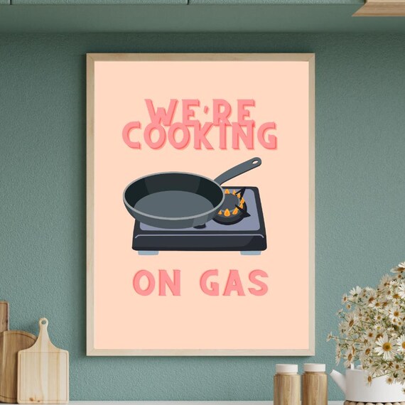 We're Cooking on Gas Funny Pink Kitchen Frying Pan Retro Art Poster
