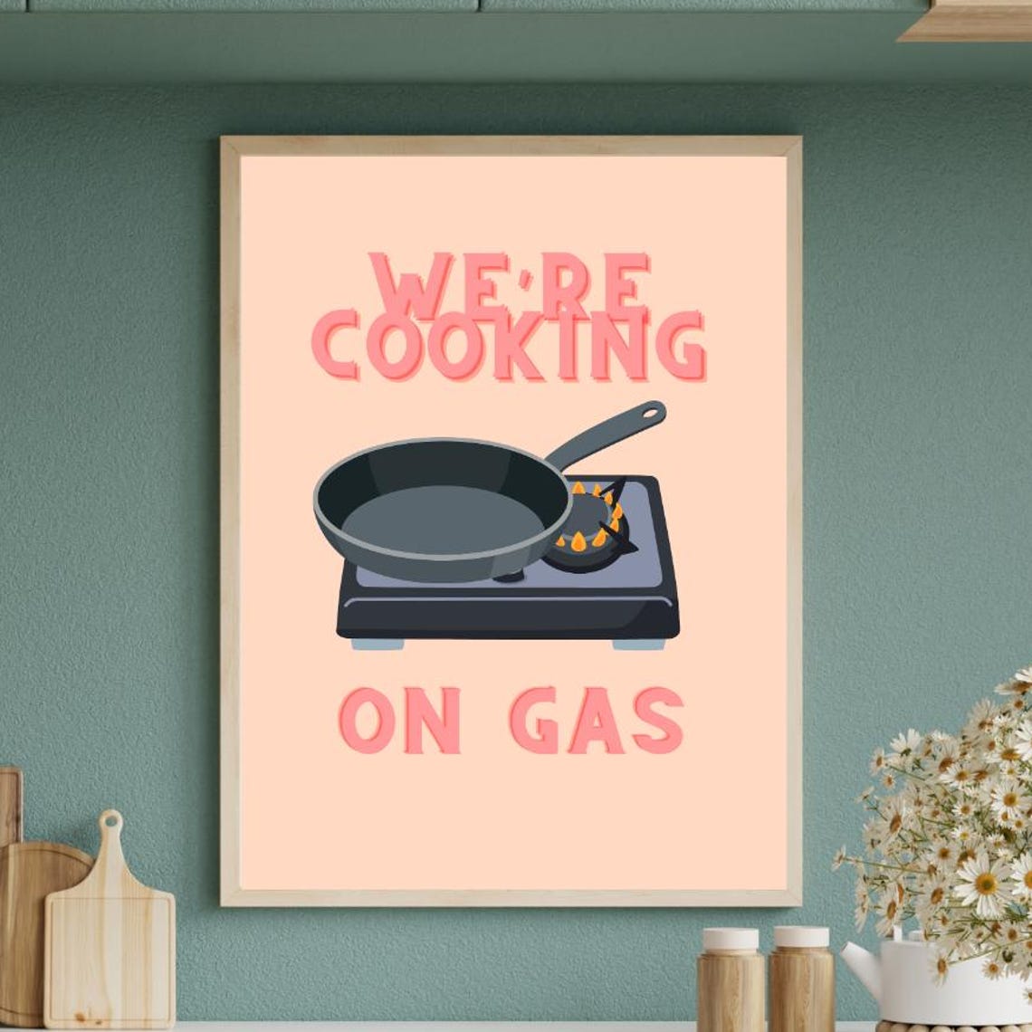 We're Cooking on Gas Funny Pink Kitchen Frying Pan Retro Art Poster
