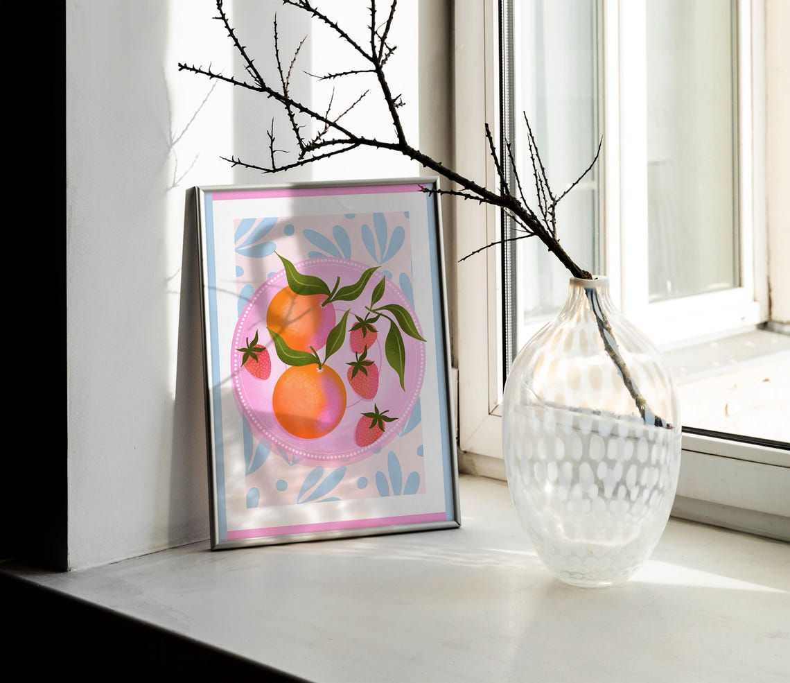 Oranges And Strawberries On Pink Plate Fresh Fruit Art Poster - Image 2