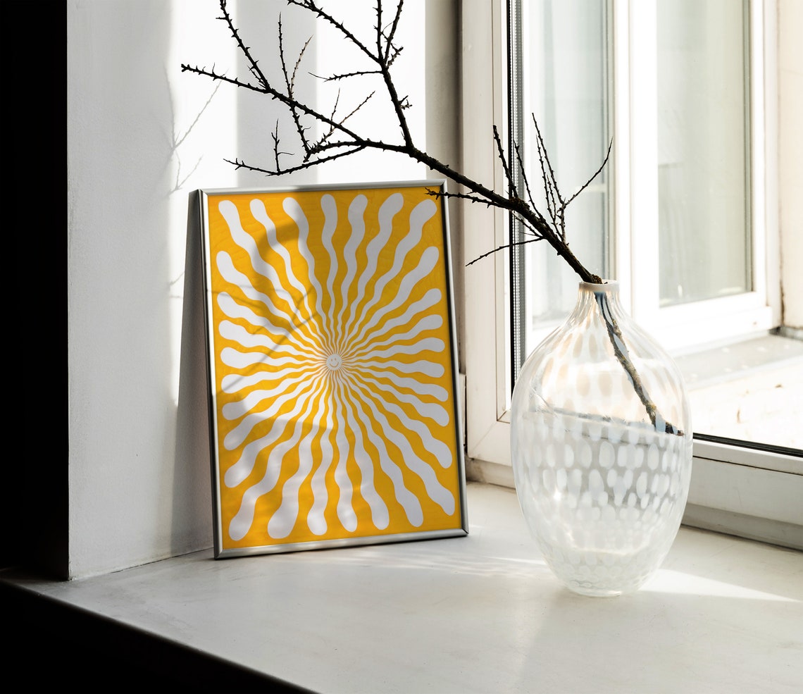 Smiling Sun Face Radiating Wavy Rays Yellow Retro Art Poster - Image 2
