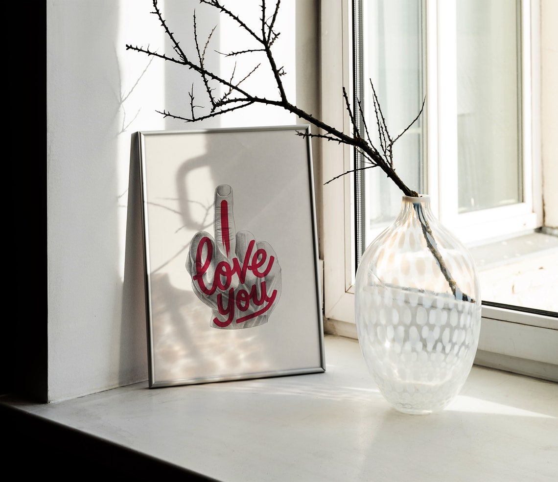 Edgy Quirky I Love You Hand Gesture Bold Red Statement Print - Image 2