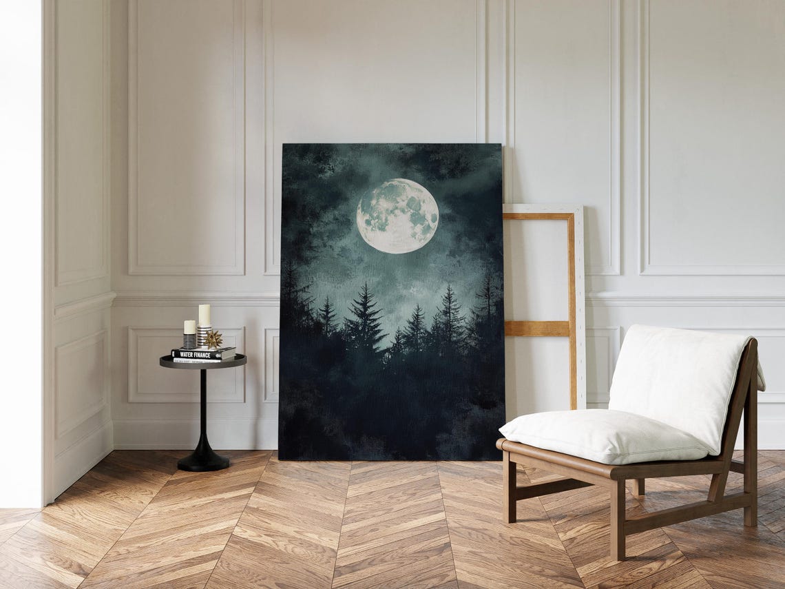 Full Moon Over Dark Pine Forest Night Sky Celestial Wall Poster - Image 3
