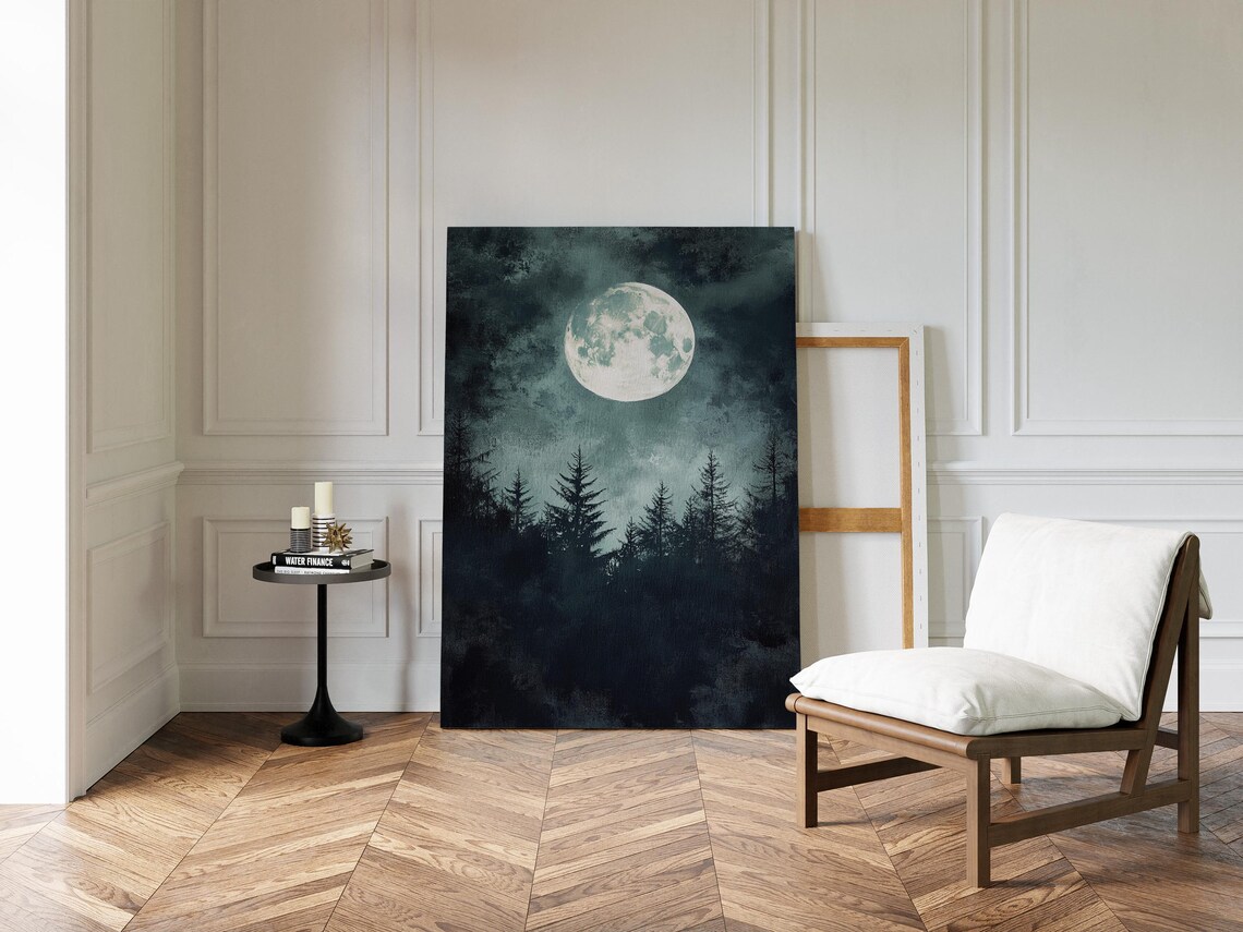 Mystical Full Moon Art Print Dark Forest Night Sky Wall Decor Celestial Moonlight Illustration Atmospheric Lunar Landscape - Image 3