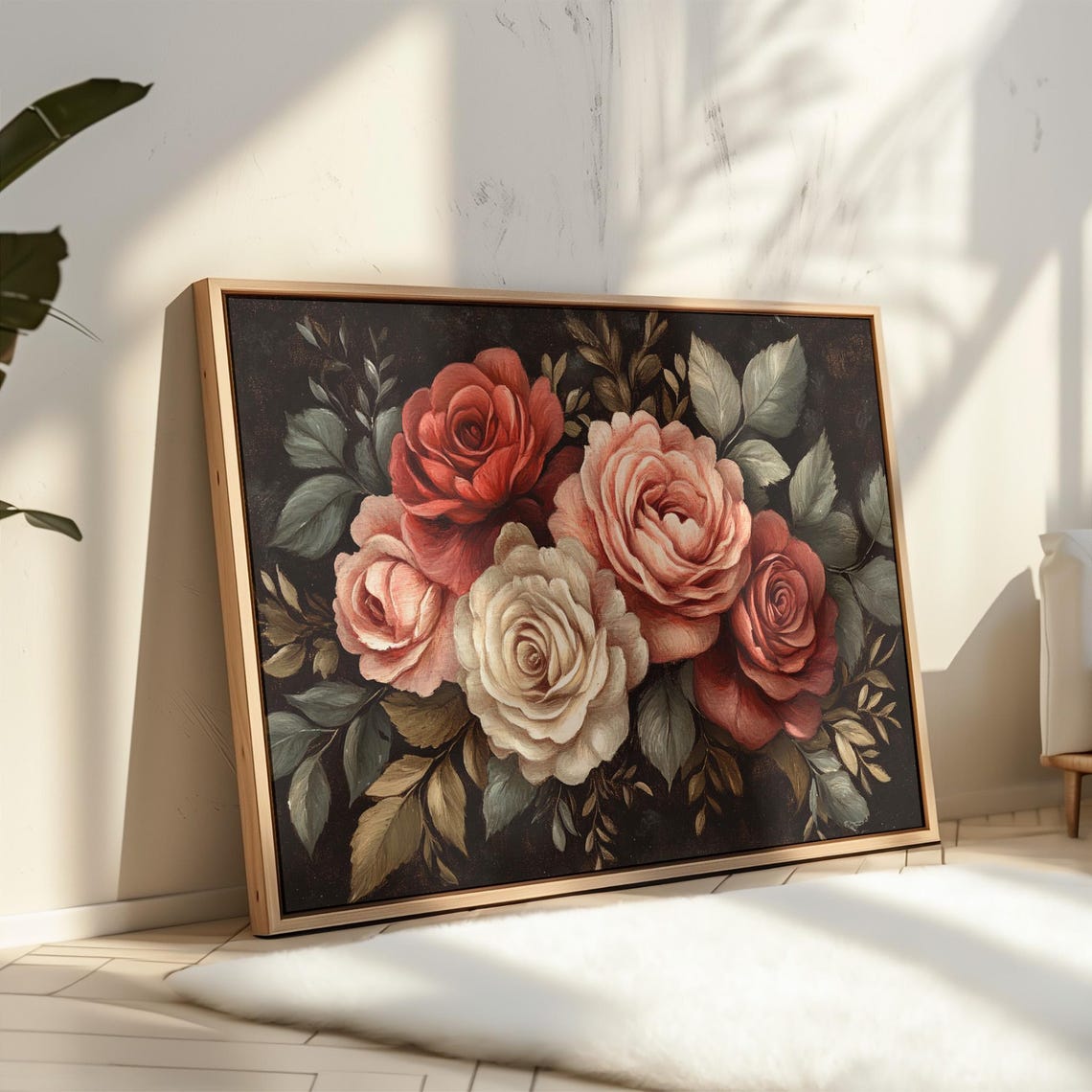 Red Blush Cream Rose Bouquet Vintage Baroque Floral Still Life Poster - Image 3