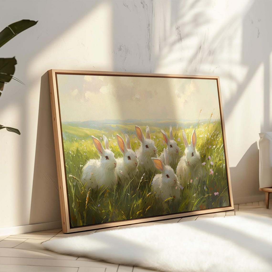 Group Of White Bunnies In Sunny Spring Meadow Cute Bunny Art Poster